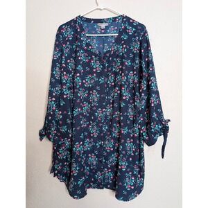 Catherines Button Up Tunic Top Shirt Size 2X Floral Blue 3/4 Roll Tab Sleeve